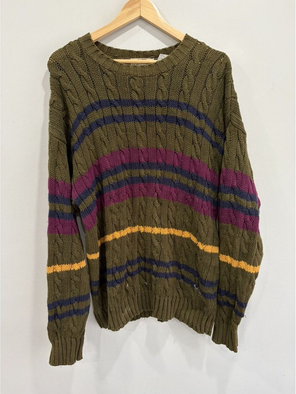 Vintage Olive Green Striped Knit Sweater cable pattern y2k